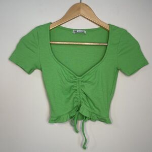 Zara Cinched Front Crop Top Short Sleeve Shirt Lime Neon Green Womens Size Small
